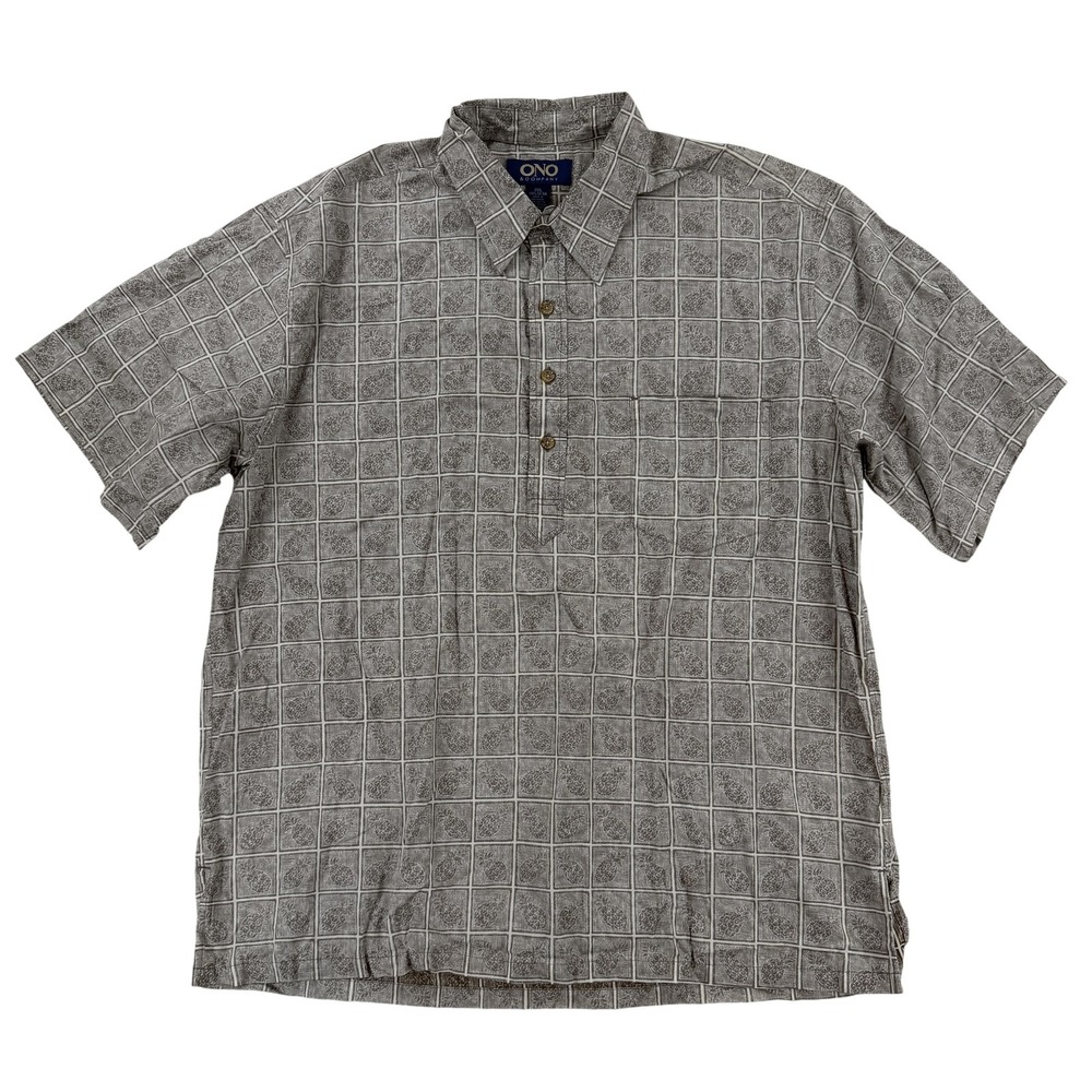 Vintage ONO & Company Hawaiian Shirt Mens 2XL Gray Pineapple Grid Cotton Polo